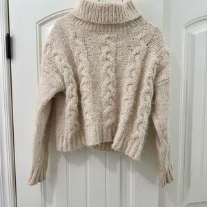 Elegant Beige Cable Knit Turtleneck Sweater